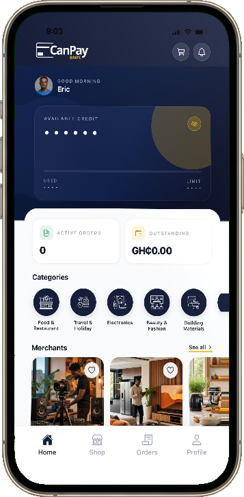 The CanPay BNPL app home screen