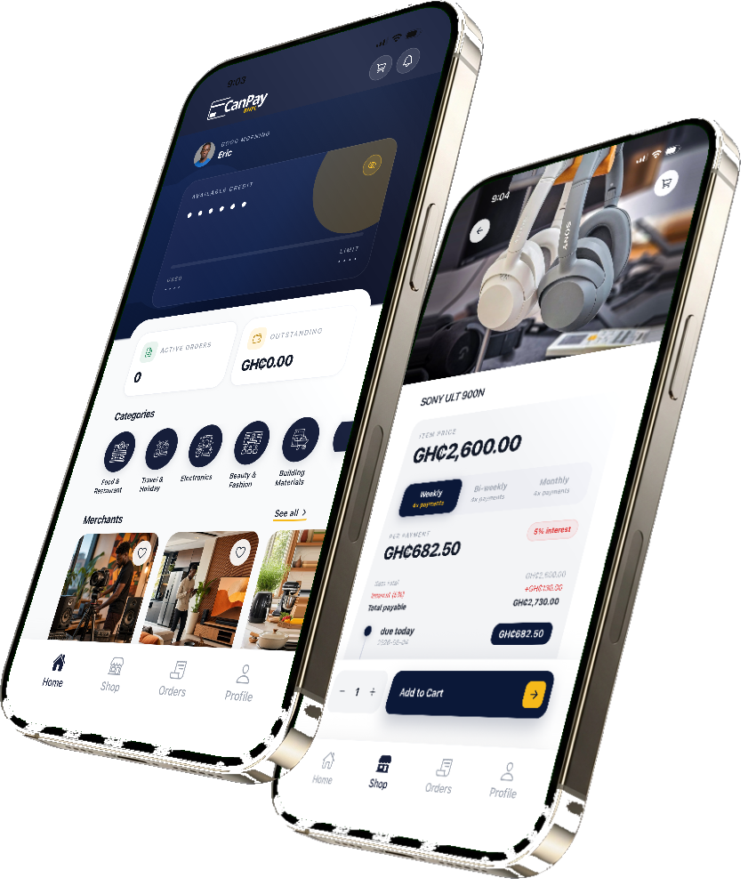The CanPay BNPL app: the home screen showing available credit, and a product with its instalment breakdown